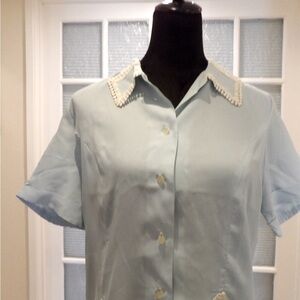 Blue Short Sleeve Blouse with White Pipping